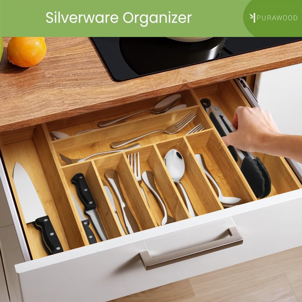 Bamboo Drawer Organizer, 2 Pack - Expandable Silverware Organizer & Utensil Drawer Organizer, Cutlery Tray with Dividers, 7-9 Slots - Premium Kitchen Organizer for Utensils & Flatware (Natural)