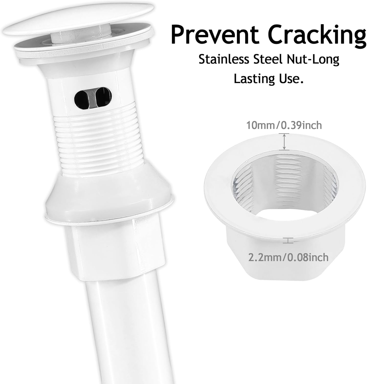 Bathroom Sink Drain,2 Pack White Drain Stopper Bathroom Sink With Overflow,Pop Up Drain Assembly with Detachable Strainer Basket,Built-in Anti-Clogging, Stainless Steel Nut