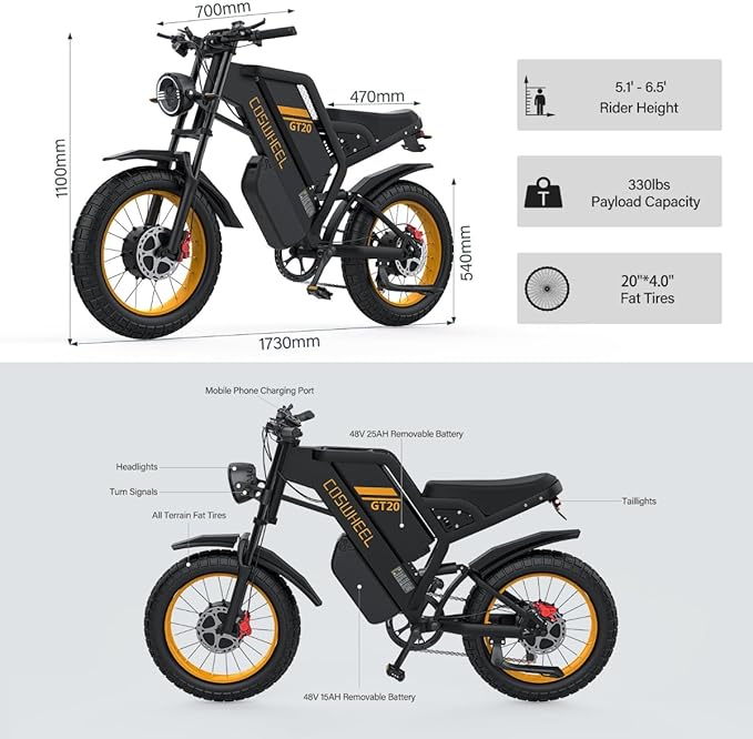 COSWHEEL GT20 Electric Bike for Adults 2000W/4000W 48V/25/40AH Removable Battery 83-145 Miles 7-Speed 20x4.0 Fat Tires Dirtbike Electric Mountain Bike for Cross City & Rocky Off-Road Riding