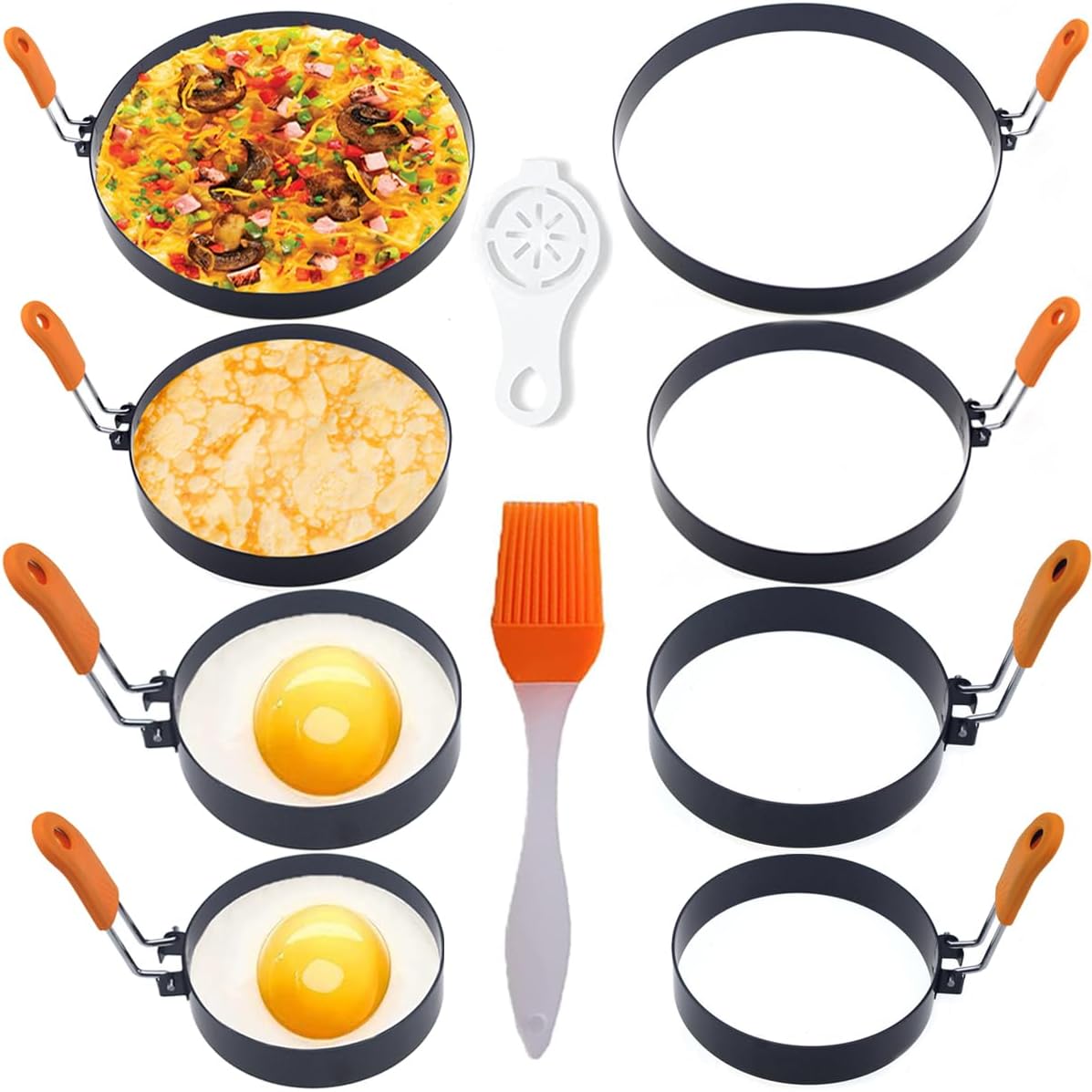 Stainless Steel Egg Rings - 8 Pack, 8" Omelet, 6" Pancake, 4" & 3.5" Egg Muffin Rings with Oil Brush & Separator