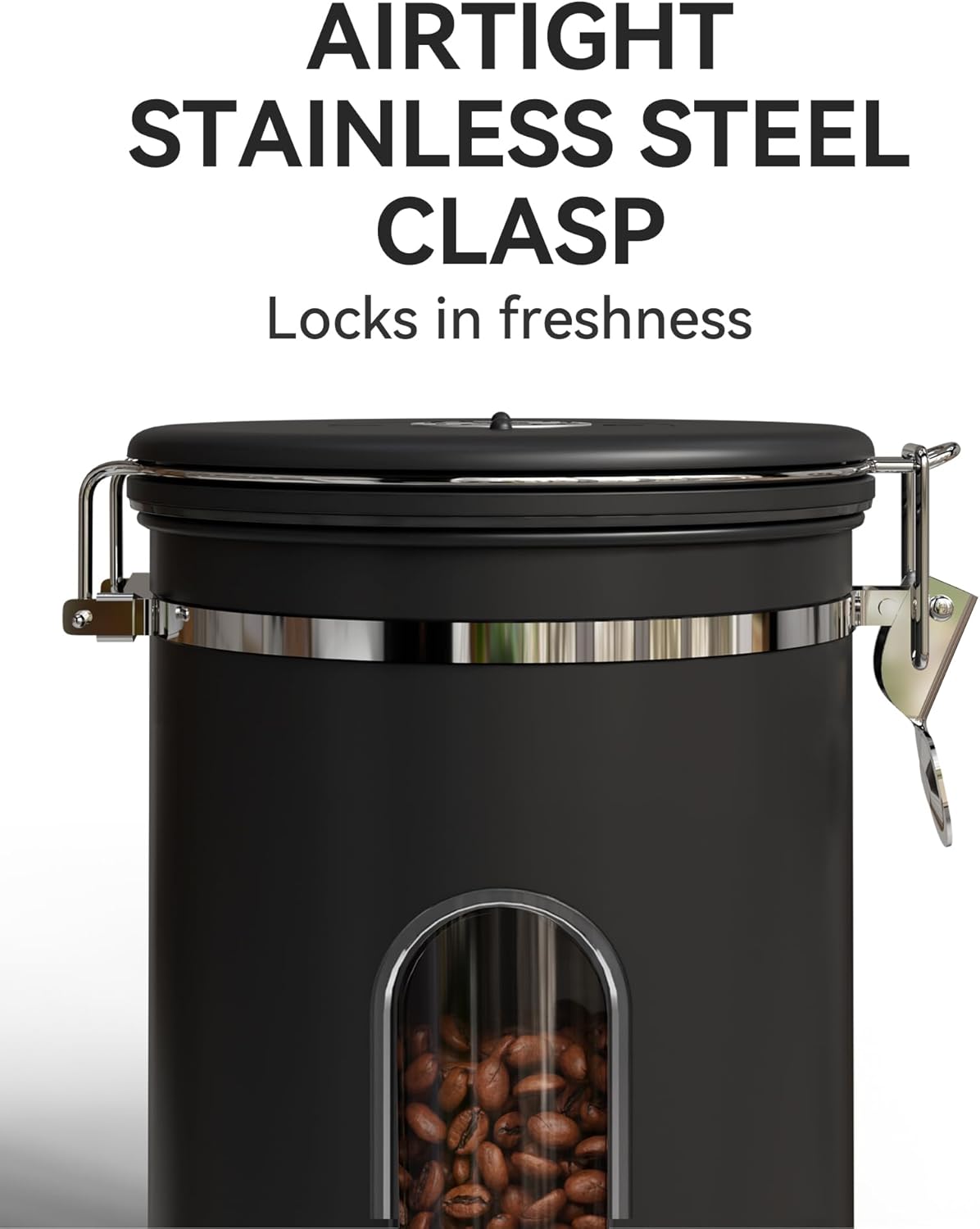Veken Large Coffee Canister with Window, Rice Kitchen Food Storage Airtight Stainless Steel Container with Lids, Date Tracker and Scoop, Grounds, Beans, Tea, Flour, Cereal, Sugar Jars, 38oz, Black