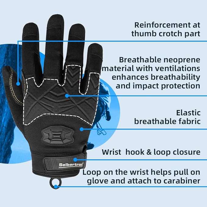 Seibertron Full or Half Finger Padded Palm Lightweight Breathable Climbing Rope Gloves for Climbers, Rock Climbing, Rescue, Adventure, Sailing, Kayaking, Outdoor Sports