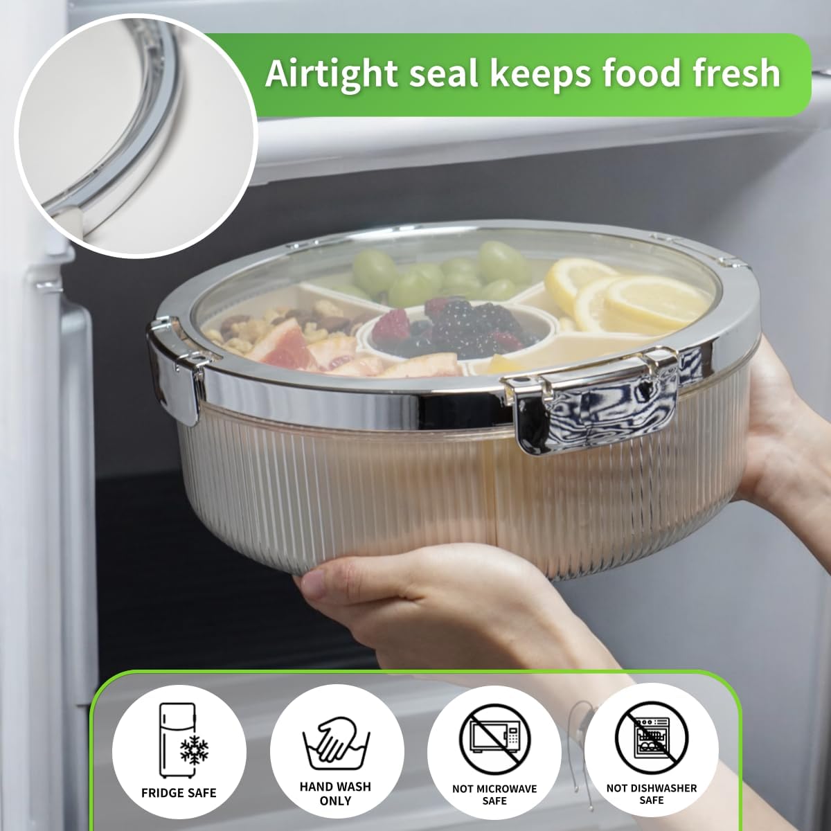 Snackle Box Container, Round Divided Serving Tray with lid 6parts (Red) for Veggie, Candy and Nuts Organizer, Snackle Charcuterie Boxes for Travel, Party and Picnic