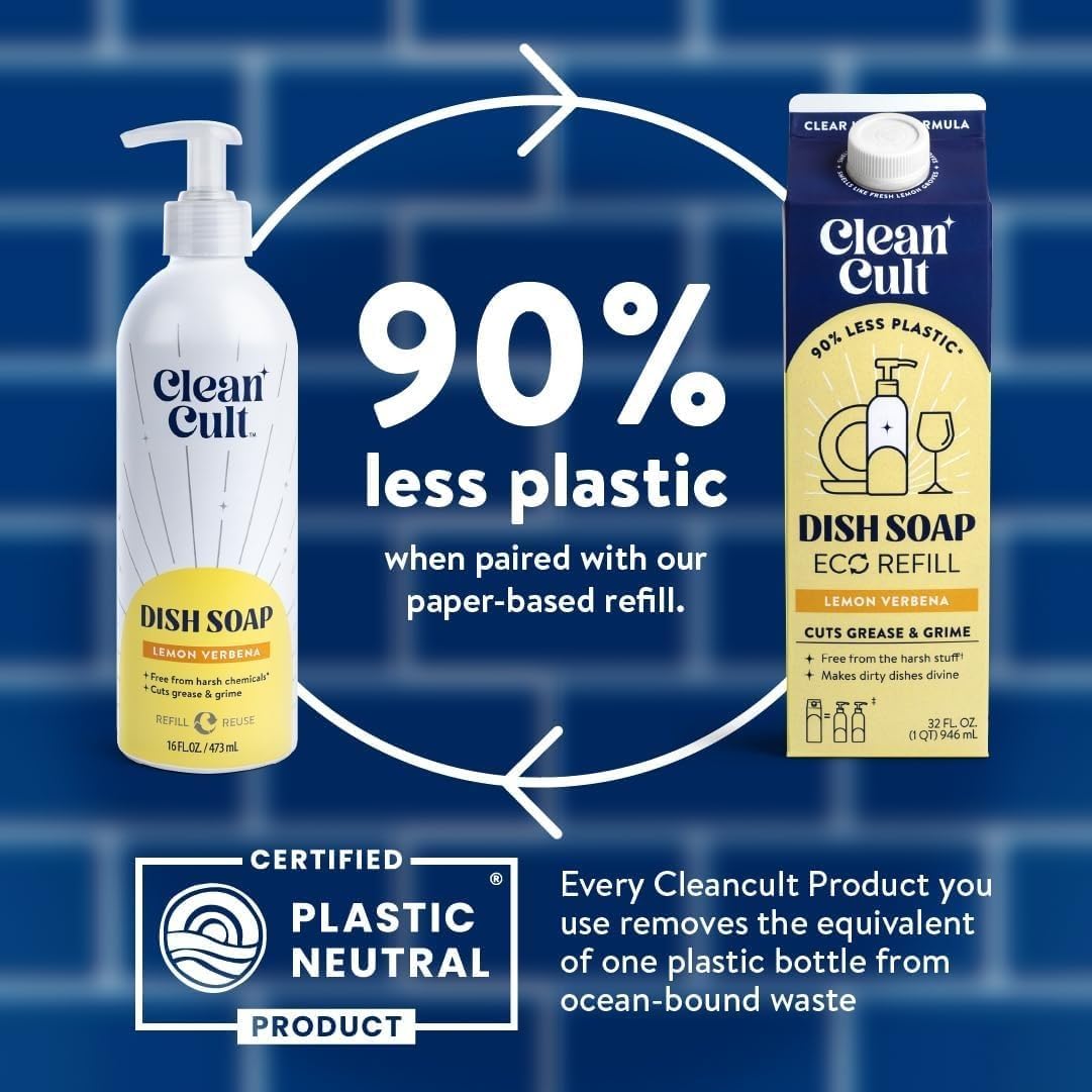 Bundle of Cleancult Dish Soap Liquid Refills (32oz, 1 Pack) - Lemon Verbena + Cleancult - Lemon Verbena - Liquid Dish Soap - Refillable Aluminum Bottle - 16 oz