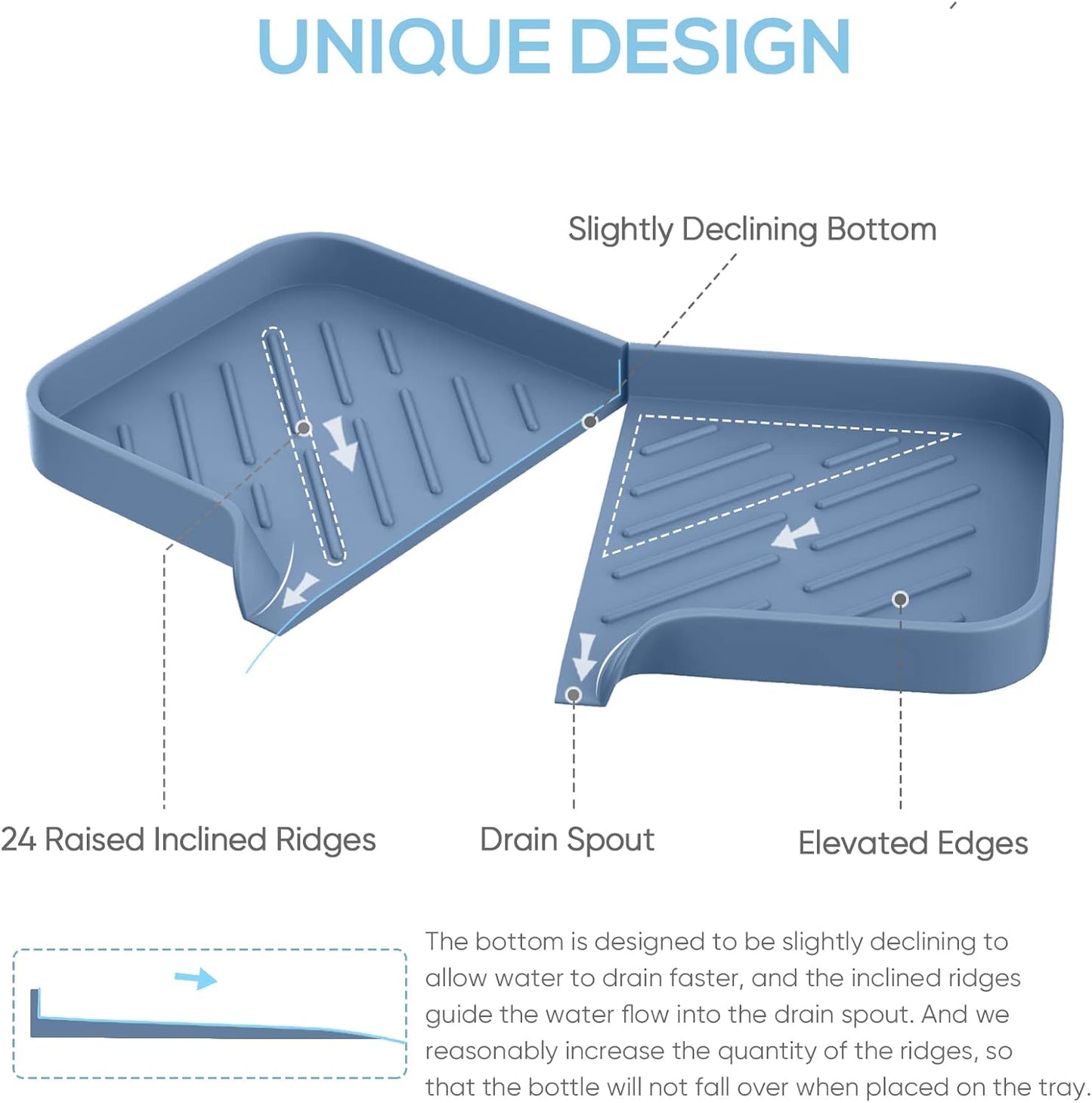 Silicone Sink Tray, Self-Draining Kitchen Soap Tray, Premium Silicone Soap Holder for Bathroom, Kitchen Counter Sink Caddy Organizer