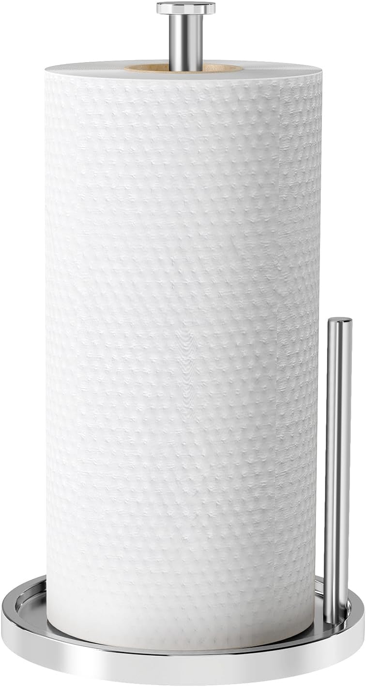Paper Towel Holder Countertop, Standing Paper Roll Holder with Anti Slip Weighted Base, Stainless Steel Freestanding Paper Towel Holder for Kitchen, Chrome