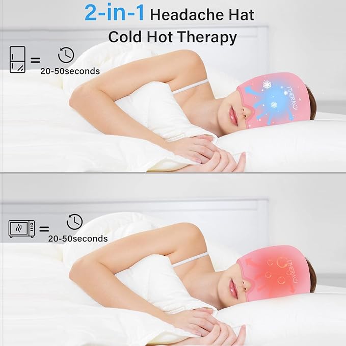 Migraine Relief Cap, Migraine Ice Head Wrap, Headache Ice Hat, Cold Therapy Headache Relief Cap for Migraine Eyes Mask Pink Headache Ice Pack for Puffy Eyes, Tension, Sinus & Stress Relief
