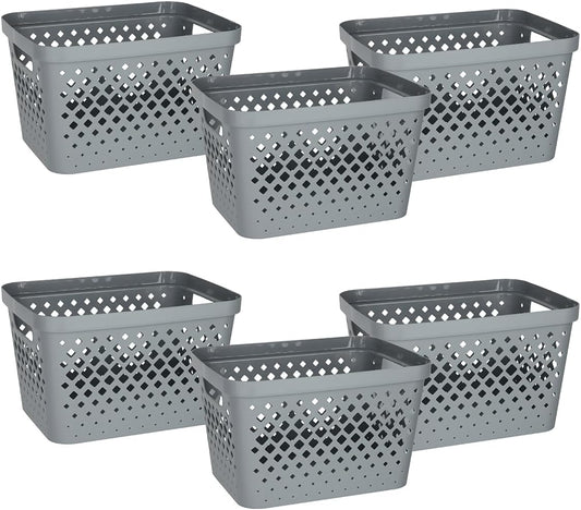 Glad Plastic Storage Basket Set, Value Pack of 6 | Open Storage Bins for Shelves, Bathroom, Pantry, Closet | Nesting Organizer Boxes with Handles, 4 Gallon, Grey