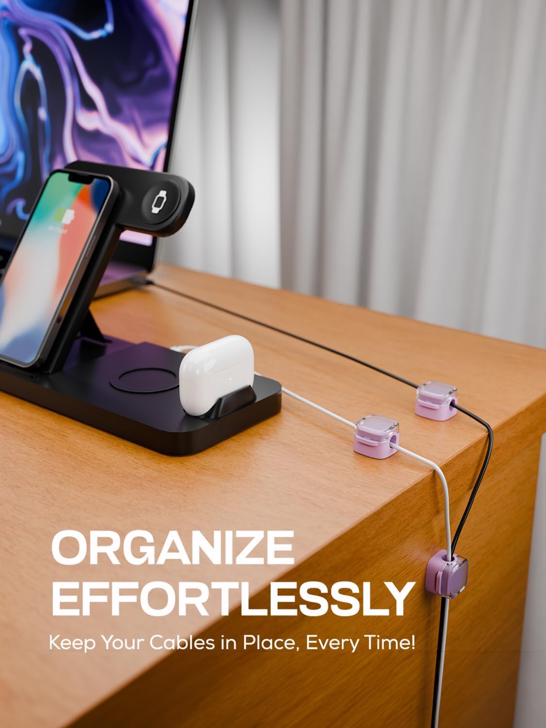 6-Pack Magnetic Cord Holder, Cord Holder with Strong Magnetic Lid, Holds Cables Firmly, 7 mm Charger Holder & HDMI Cord Organizer Clips, Strong Adhesive Pad (Purple)