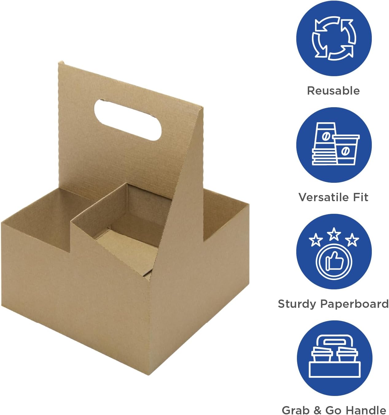 Karat Paperboard Drink Carrier with Handle - Sturdy Kraft Coffee Cup Carrier for Hot/Cold Beverages, Fits 10-32 oz Cups - Eco-Friendly, Disposable to-Go Drink Holder (4-Cup)