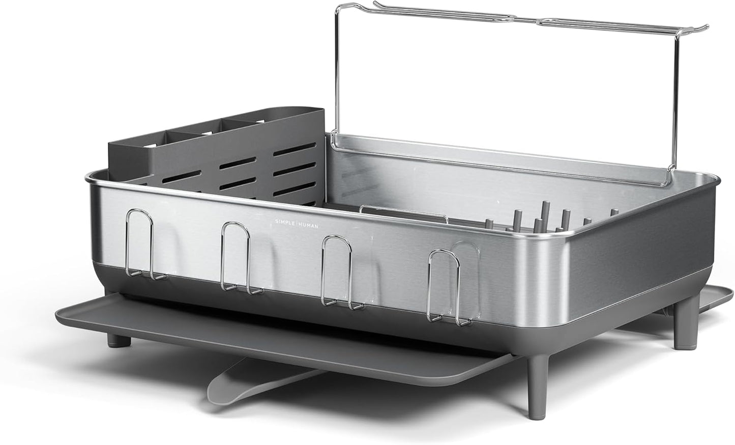 simplehuman Large Capacity Dish Drying Rack with Stainless Steel Frame, 360º Easy Drain Swivel Spout, Utensil & Wine Glass Holder, Anti-Residue Coating, Moisture Control Surface, Grey