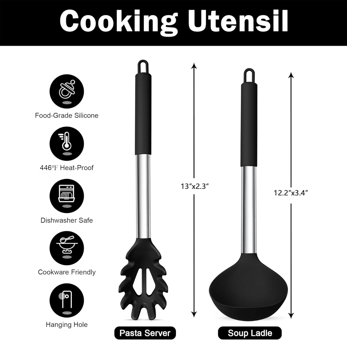 TeamFar Silicone Pasta Fork and Ladle Spoon Set, 2 Pcs Large Nonstick Kitchen Utensils with Stainless Steel Handle for Cooking, Draining, Serving Soup, Sauce, Spaghetti, Healthy & Heat-Proof, Black