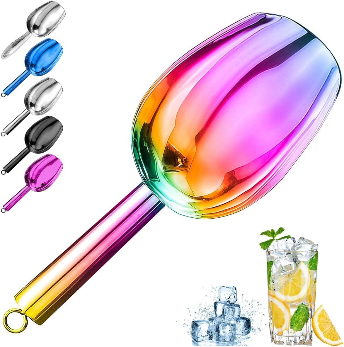 Metal Ice Scoop，Kitchen Ice Scooper for Ice Maker,Stainless Steel Small Ice Scooper for Freezer，Kitchen Gadgets Cookie Flour Pet Dog Food Scoop (Rainbow, 3oz)