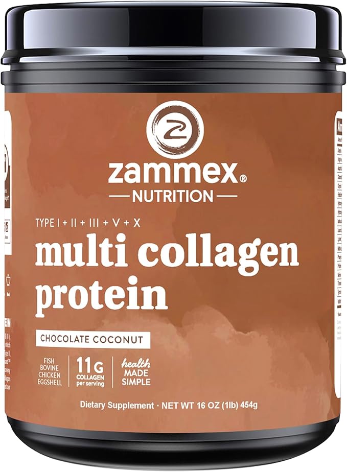 Zammex Multi Collagen Peptides Powder, Type I & III & V & X, Chocolate Collagen Protein Powder, Hydrolyzed Collagen, Supports Hair and Skin, Gut Health, 41 Servings, 1LB