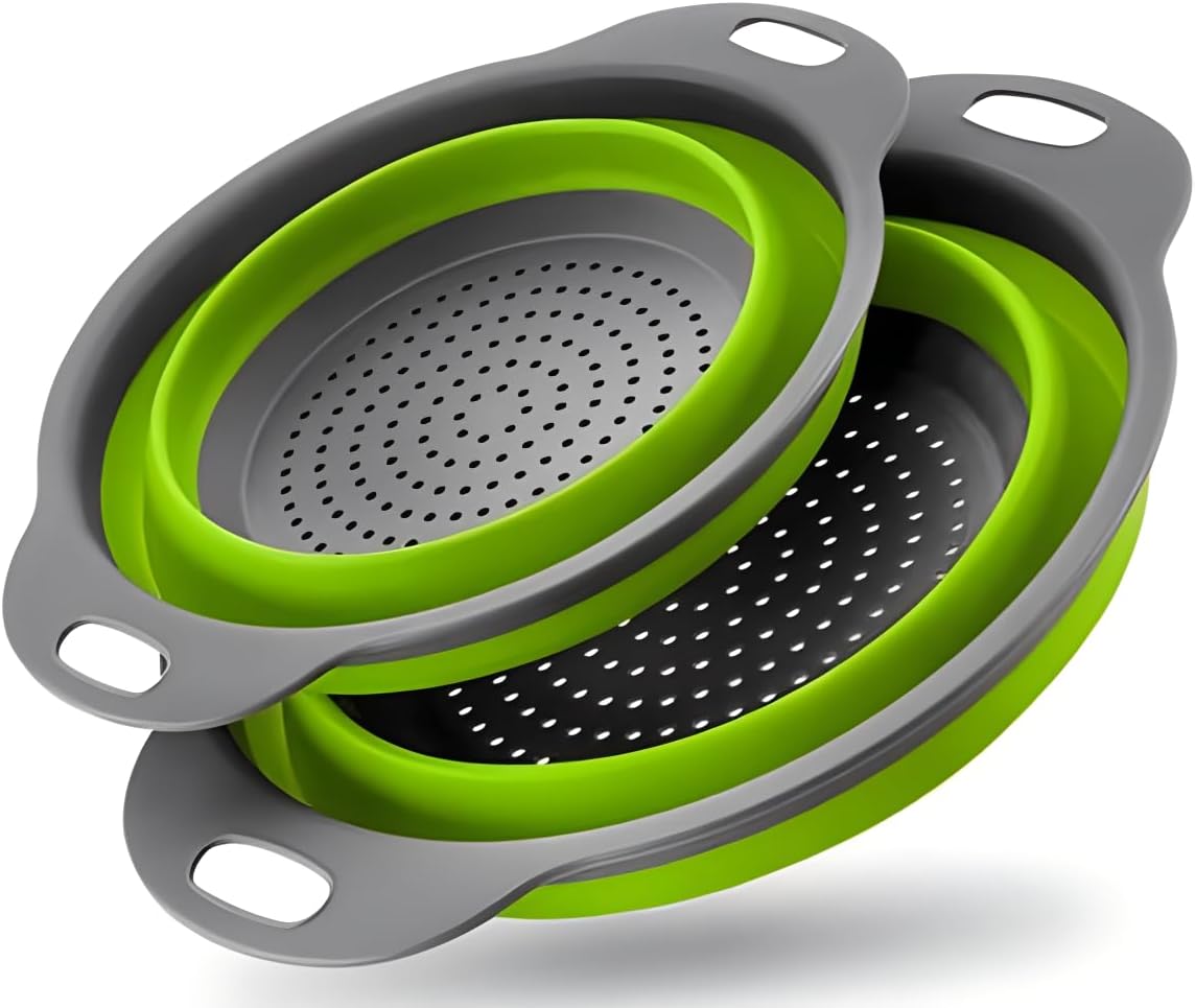 Collapsible Colander Set of 2 Silicone Kitchen Strainer Set, Perfect for Draining Pasta, Vegetable and fruit for Kitchen and Travel Use (green)