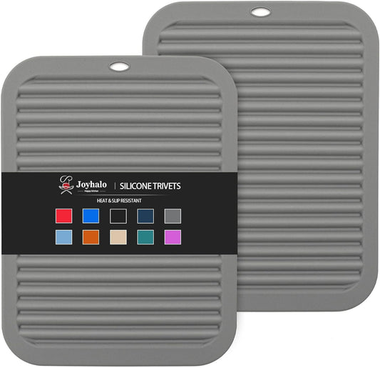 Joyhalo Trivets for Hot Dishes - Hot Pads for Kitchen, Silicone Trivets for Hot Pots and Pans, Hot Plates to Protect Table, Quartz Countertops Heat Resistance to 480°F, Set of 2, Grey