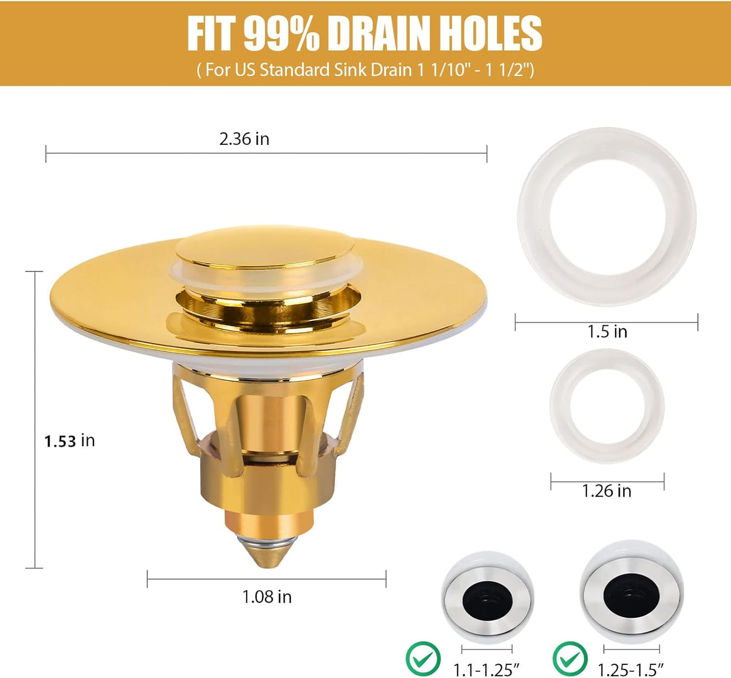Three colors Bathroom Sink Stopper, 1.1-1.5" Bathroom Sink Drain Strainer, Universal WashBasin Pop Up Drain Stopper, Bounce Core Push Type Sink Plug, Anti-Clogging, Stainless Steel (Gold,1PCS)