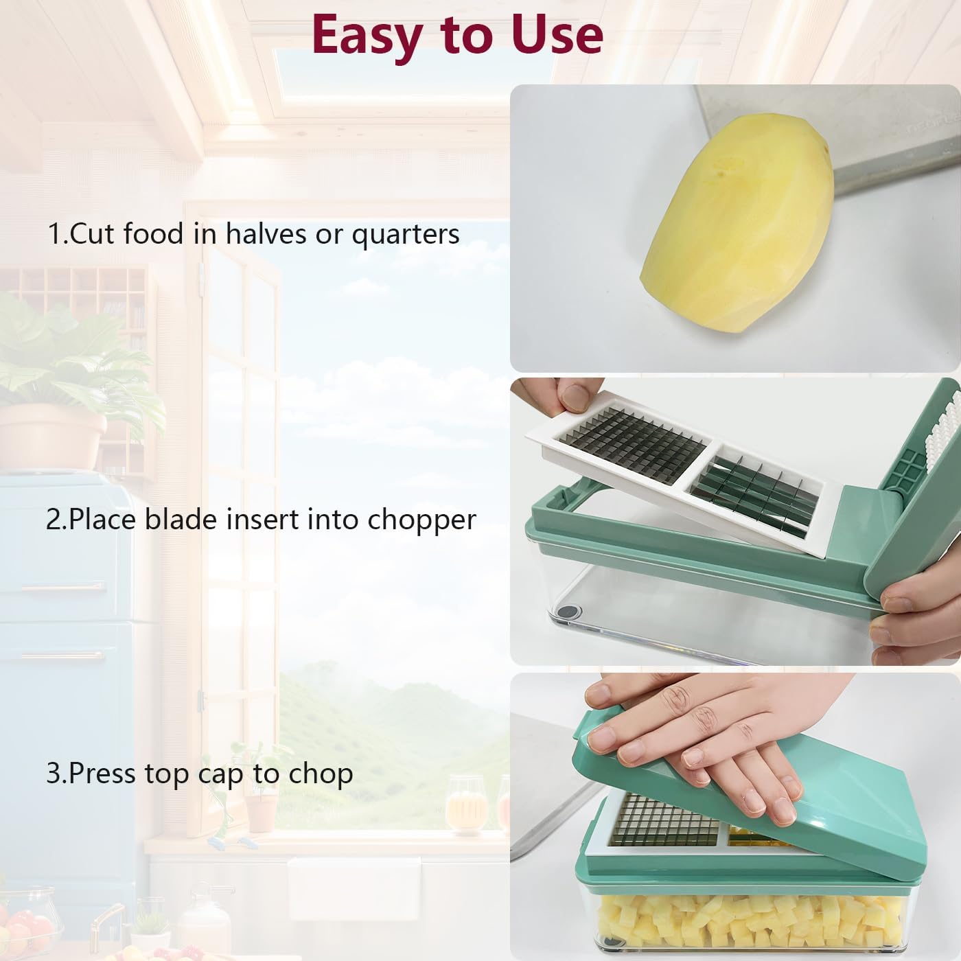 Vegetable Chopper, Onion Dicer, Mandoline Slicer, Food Chopper with Container, Vegetable Cutter for Salad Potato Carrot Garlic（2 Blades, Blue White）