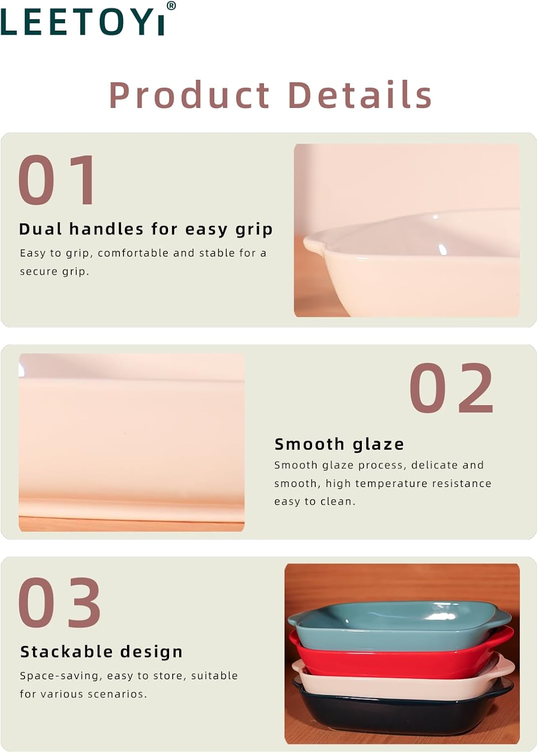 LEETOYI Ceramic Small Baking Dish, Porcelain 2-Piece Rectangular Bakeware with Double Handle, Baking Pans for Cooking and Cake Dinner 7.5"×5 (Red)