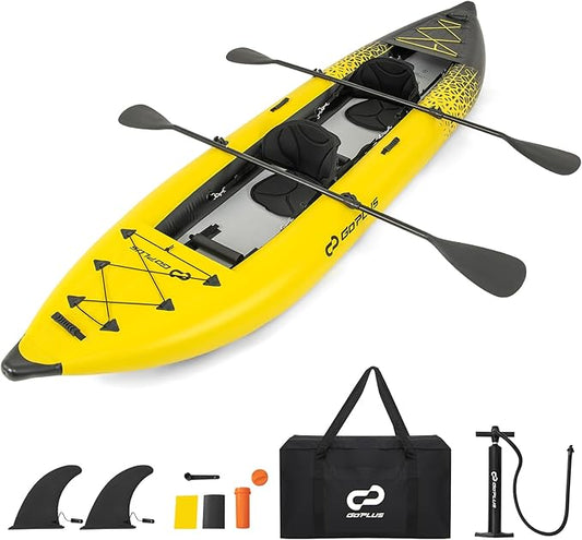 Goplus Inflatable Kayak, 2-Person Kayak Set for Adults with 507 LBS Weight Capacity, 2 Aluminium Oars, EVA Padded Seat, 2 Fins, Hand Pump, Carry Bag, Repair Kit, Portable Touring Kayaks