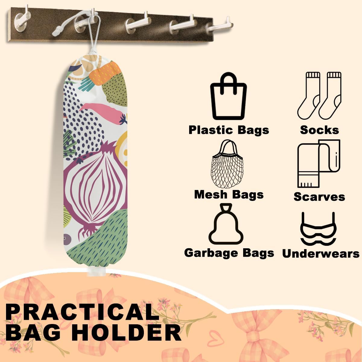 2Pcs Abstract Summer Fruits Plastic Bag Holder for Kitchen Essentials, Grocery Bag Holder for Plastic Bags, Dragon Fruit Orange Peach Reusable Grocery Bags Storage Dispenser for Home Kitchen Farmhouse