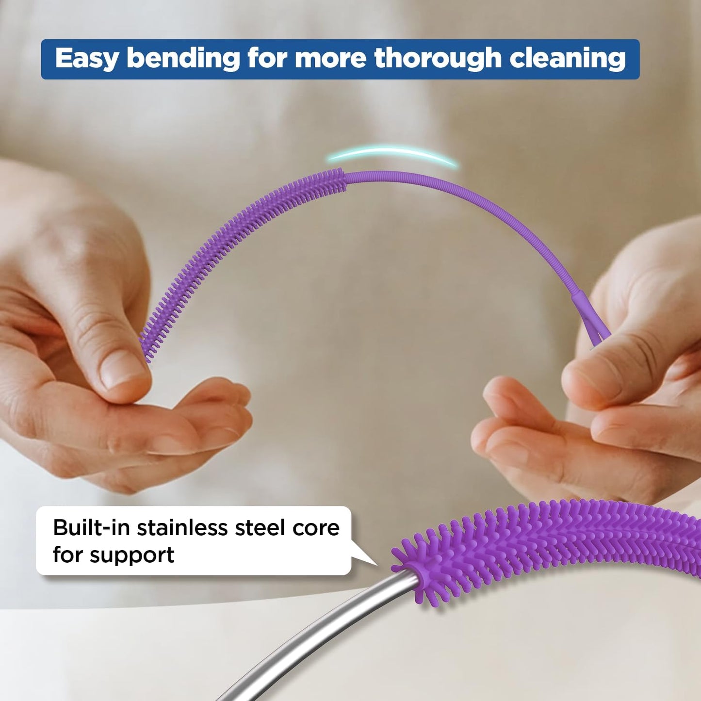 YOTIME Silicone Straw Cleaner Brush, 2Pcs Reusable Straw Brush Extra Long for Cleaning Tumbler with Handle and Glass Metal Smoothie Straws, Non-slip Handle Soft and Bendable, 6mm+9mm, Purple