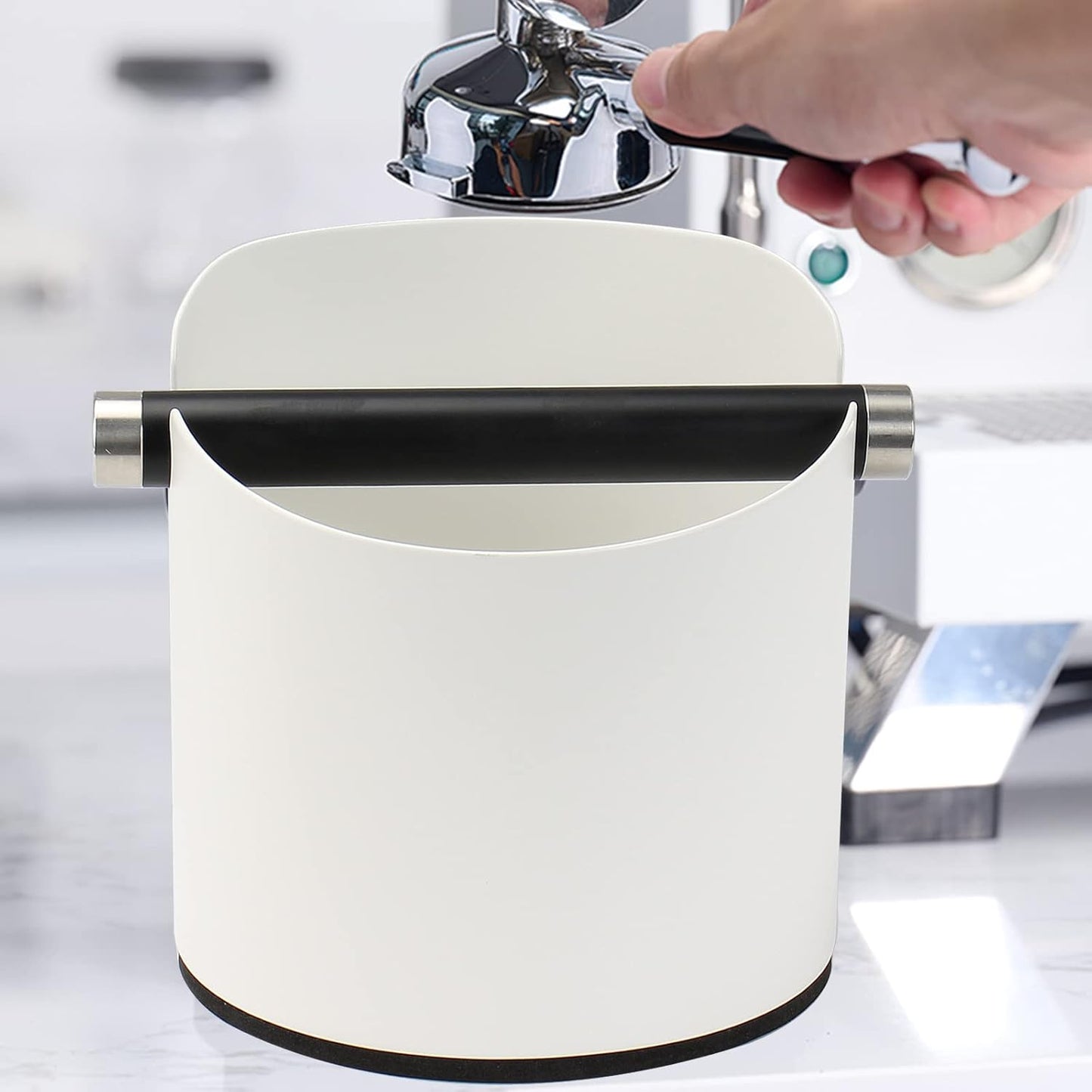 DIBTSA Coffee Knock Box, Espresso Knock Box Stainless Steel Espresso Machine Accessories with Removable Knock Bar and Non-Slip Base Coffee Grounds Container Bin, Large (White)