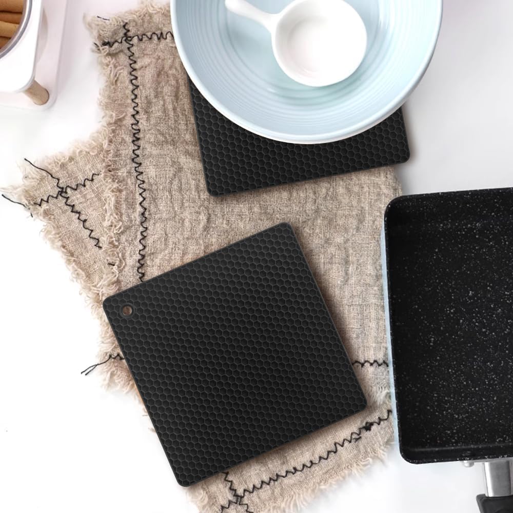 homEdge Silicone Square Trivets Mat, 6 Packs Multipurpose Non Slip Heat Resistant Pot Holder-Black