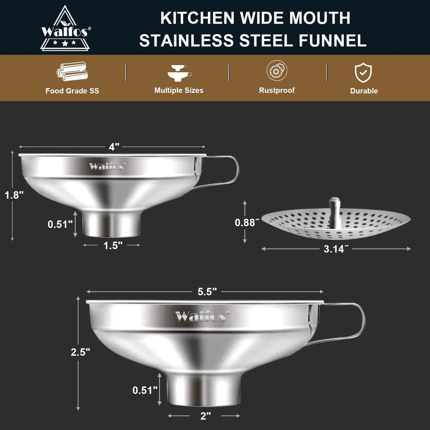 Walfos 5.5 Inch and 4 inch Stainless Steel Wide-Mouth Funnel with Handle for Wide and Regular Mason Jars Canning Jars,Wide Mouth Funnels for Kitchen Use Transferring Liquid and Dry Ingredients!