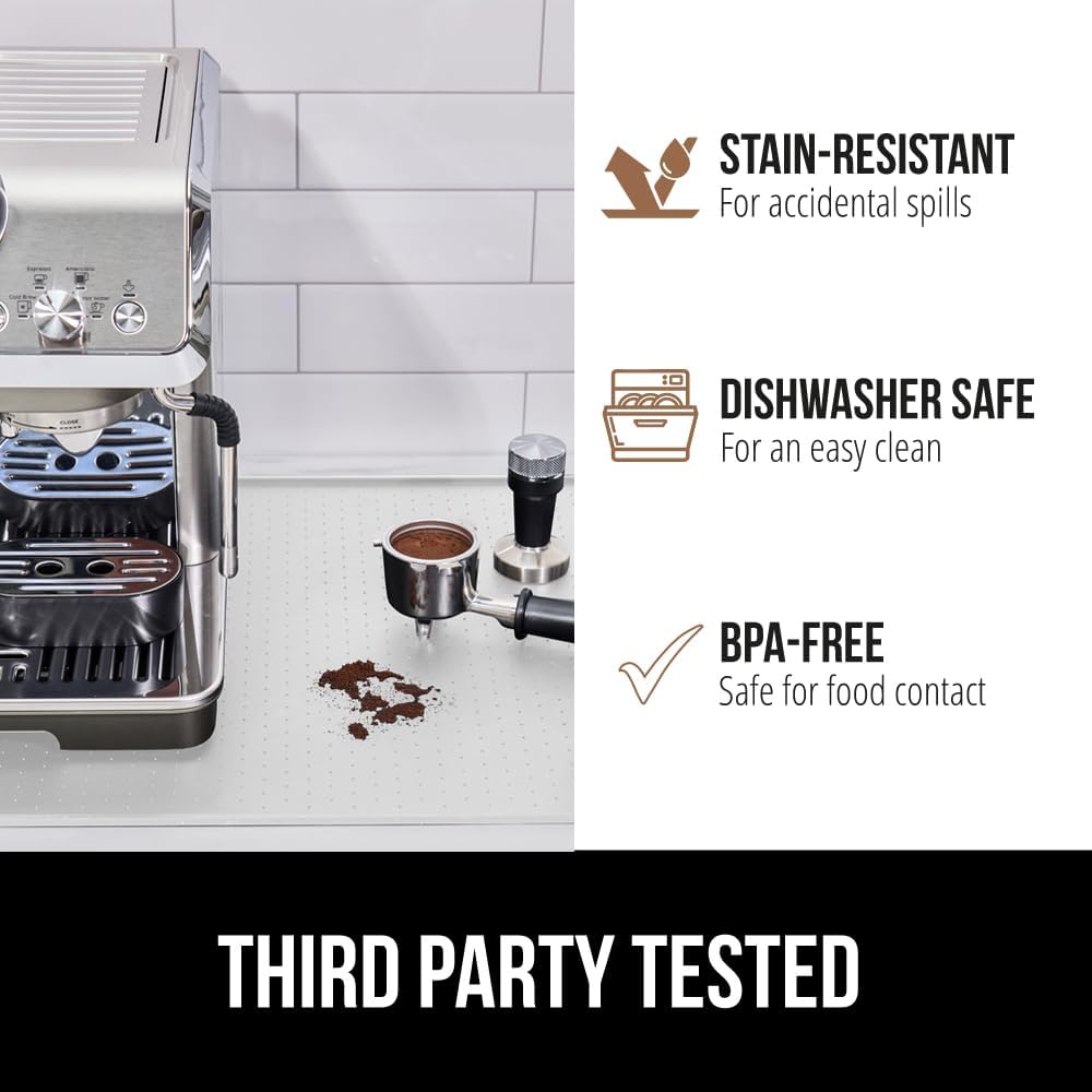 GORILLA GRIP Silicone Coffee Mat, Espresso Drink Bar Station Accessories, Use Under Machine, Waterproof Heat Resistant Multi-Use Dish Drying Mats, Stays in Place, Kitchen Home Decor, 11.5x18.5, White