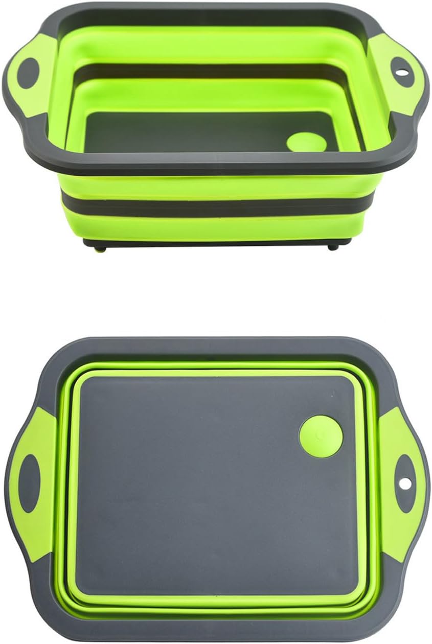 Camping Collapsible Cutting Board Dish Basin BBQ Prep Tub Camp Sink Dish Washing Station Multifunctional Storage Basket(Grey green)