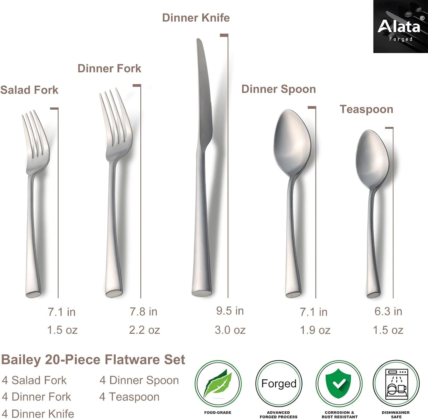 Alata Bailey 20-Piece Forged Stainless Steel Flatware Set Cutlery Set,Service for 4,Matte Satin Finish,Dishwasher Safe…