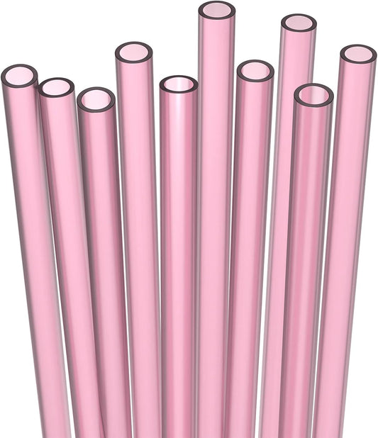 10 Long Reusable Hard Pink Plastic Drinking Straws, Medium Width + Sturdy Cleaning Brush - for Tumblers, Mason Jars, Smoothies and Milkshakes - Dishwasher Safe BPA Free