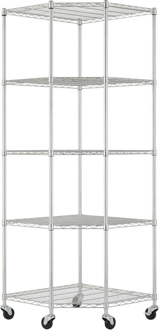 5-Tier Adjustable Wire Shelving with Wheels, Corner Wire Shelf Rack for Kitchen Organization, Garage Storage, 400 to 2000lb Capacity, NSF Certified, 27”x27 x18”x72”, EcoStorage Chrome