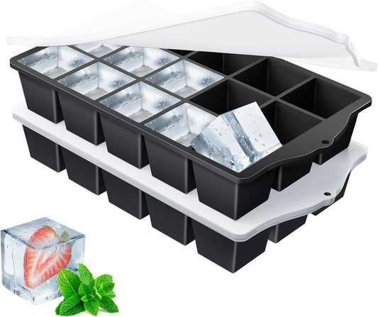 Silicone Ice Cube Tray, 2 Pack Easy-Release Stackable Ice Trays for Freezer with Lid 15 Reusable Cubes, Food Grade BPA Free Ice Molds for Whiskey, Baby Food, Coffee, Cocktail, Drinks (Black)
