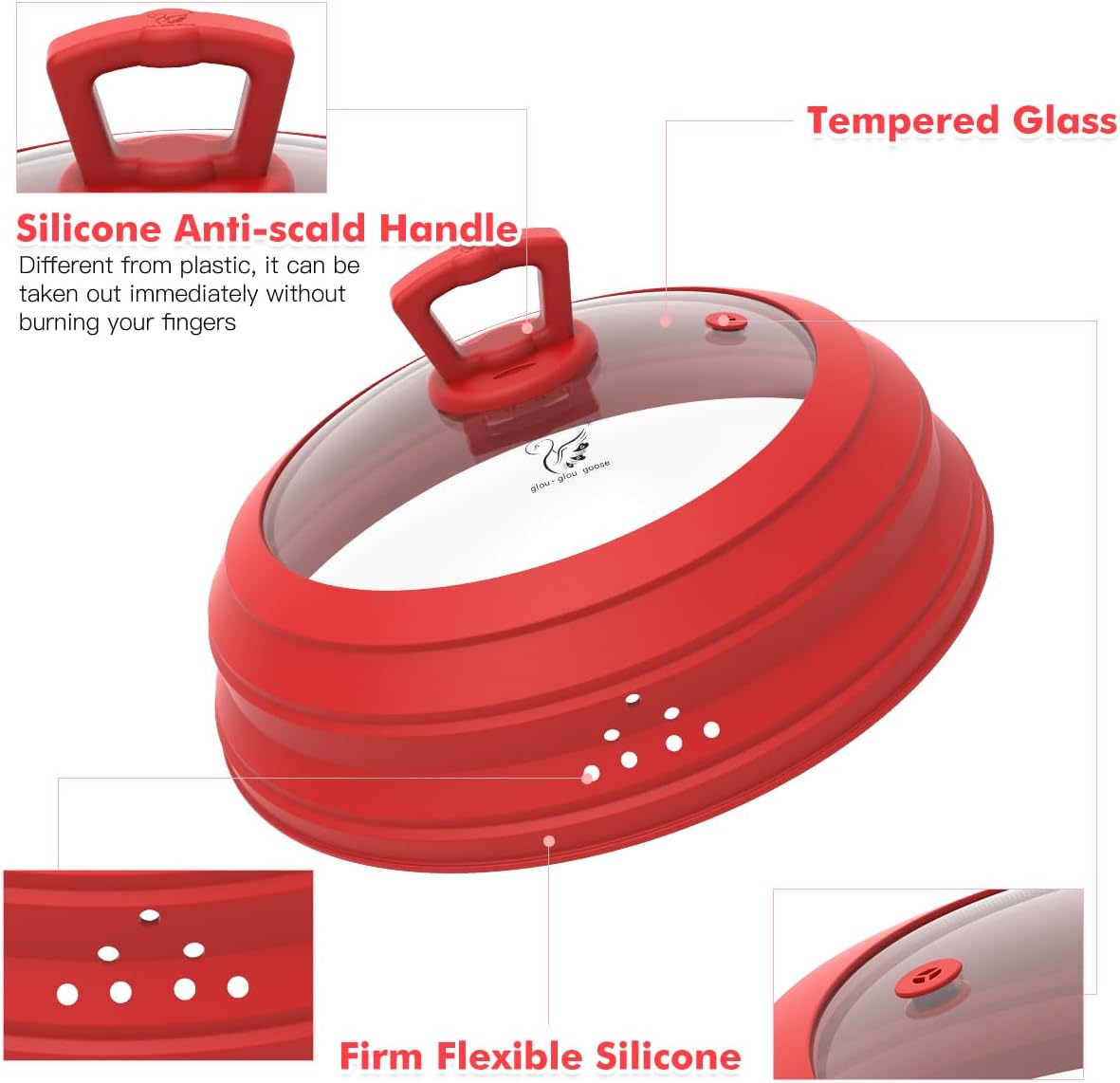 Microwave Splatter Cover Vented Glass Splatter Guard Lid with Collapsible Silicone for Food as Pot Cover 11.8 inch Large Plate for 6 7 8 9 10 11 inch Plate Bowl