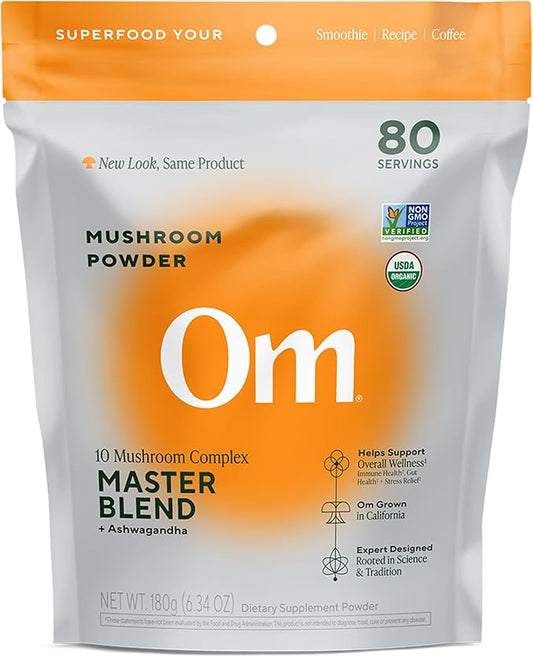 Om Master Blend Mushroom Powder – Organic Mushroom Supplement with 10 Mushrooms and Ashwagandha - Support Immunity, Gut Health & Stress Relief, 6.34 oz (80 Servings)