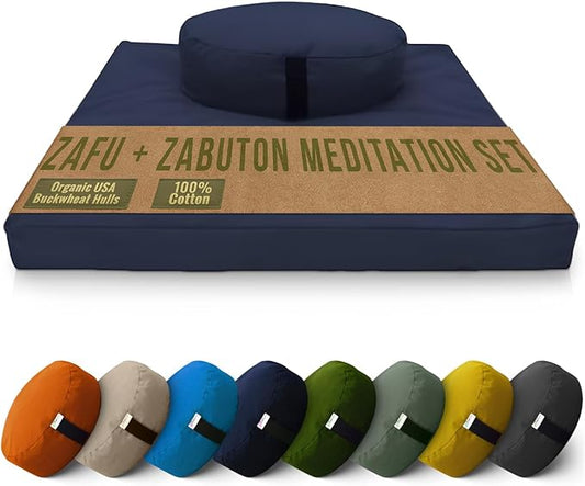 Bean Products Meditation Cushion Mat Set - Zafu Floor Pillow Organic Buckwheat Pillow + Cotton Filled Zabuton Prayer Pad - Meditation Pillow Yoga Knee Pad - Made in USA - 14" Round or 18" Oval