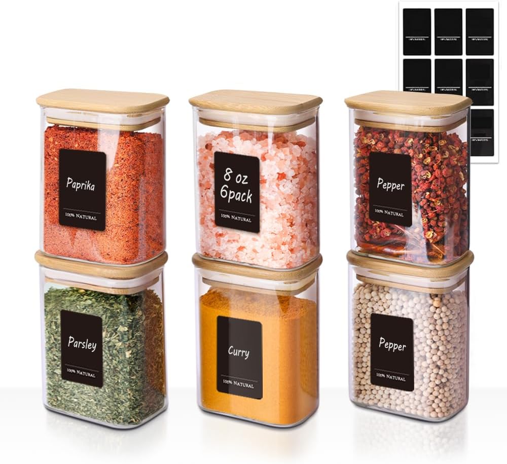 Comsaf Spice Jars with Label，8 oz Small Glass Jars with Lids, 6 Pcs Seasoning Containers, Rectangle Glass Containers with Lids, Empty Seasoning Jars for Pantry Storage, Loose Tea, Herbs, Powders, Salt
