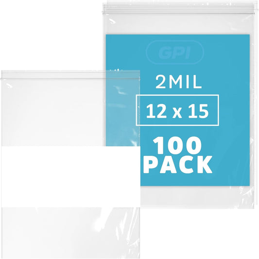 12" x 15" Large Zip Bags, 2 Mil Thick Clear Plastic Reclosable Zipper Lock Bags with Write-on White Block, with Resealable Zip Top Lock for Food Storage & Office Supplies, 100 Count