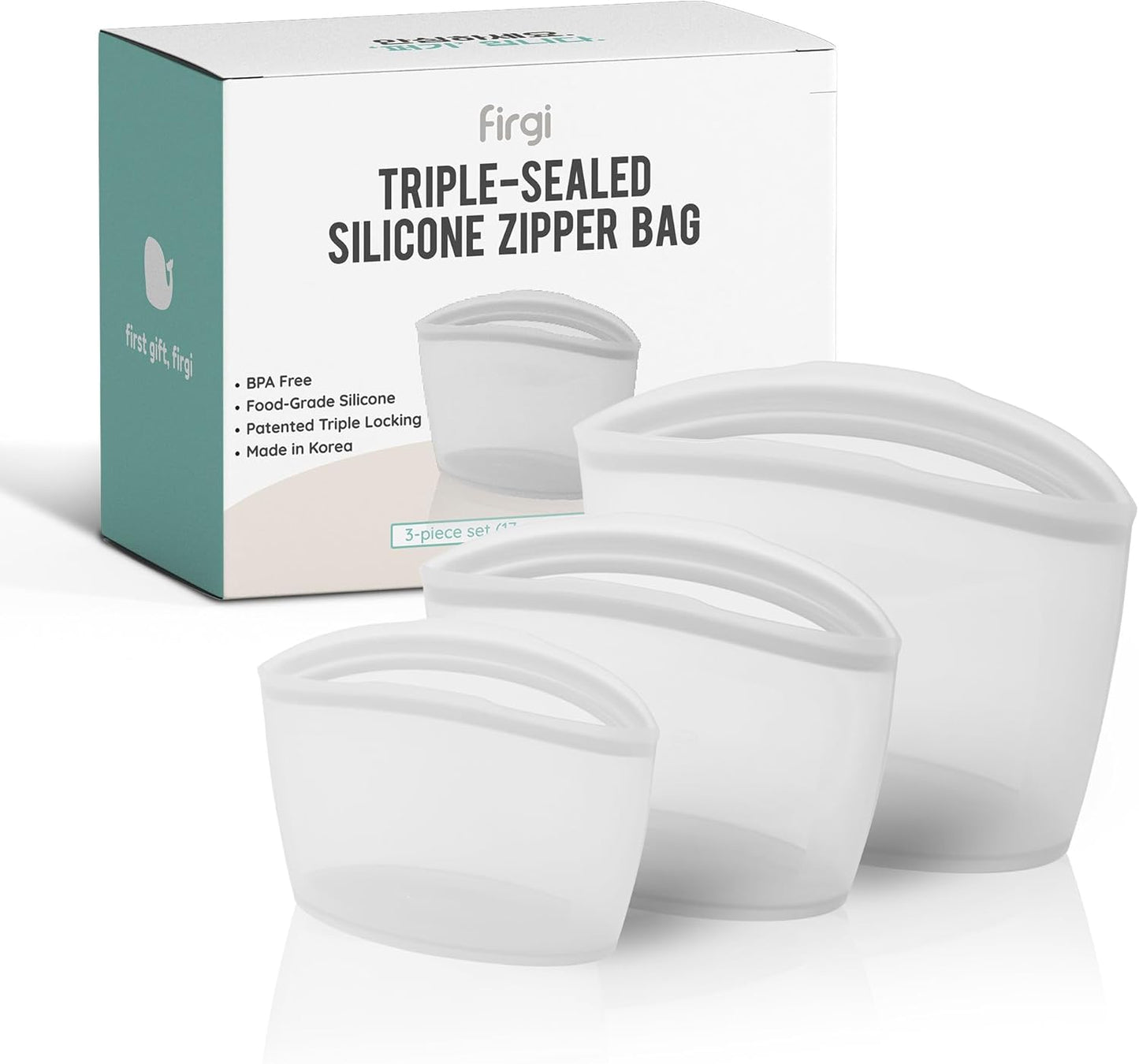 Reusable Silicone Food Storage Bags 3Set Airtight food Storage Containers Food Grade Silicone Snack Bags, BPA Free Food Storage Container, Microwave Safe, Sous Vide Container, White, 17oz+29oz+51oz