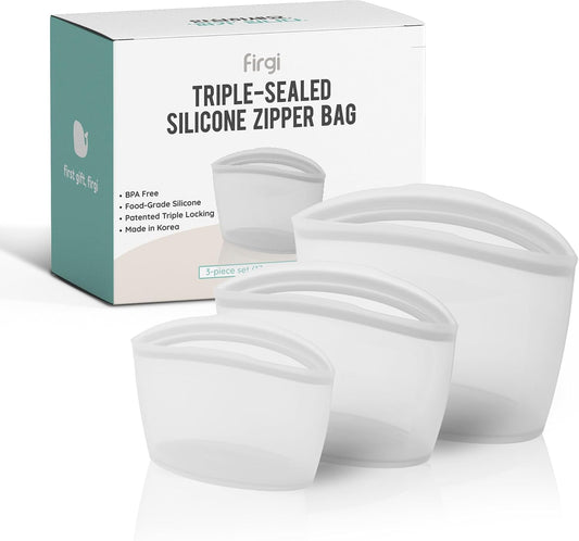 Reusable Silicone Food Storage Bags 3Set Airtight food Storage Containers Food Grade Silicone Snack Bags, BPA Free Food Storage Container, Microwave Safe, Sous Vide Container, White, 17oz+29oz+51oz