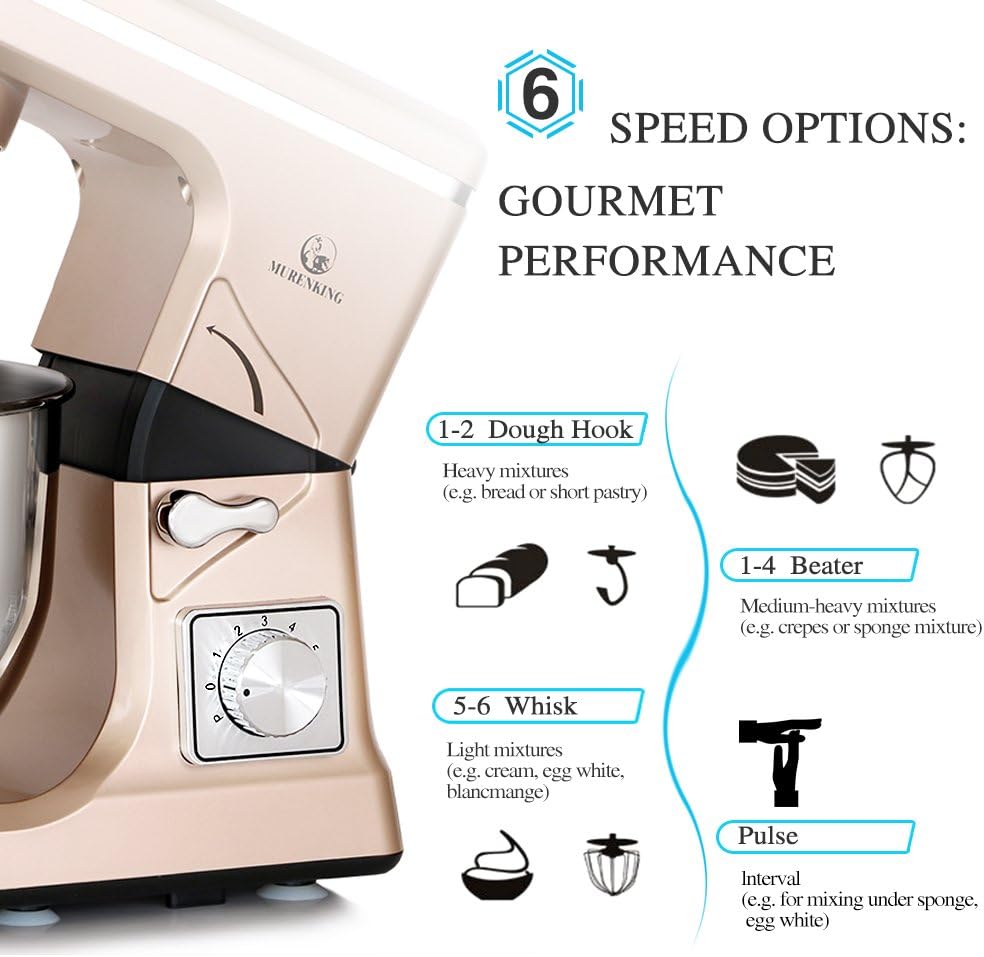 Stand Mixer,5.3-Qt & 500W & 6+P Speed MK36 Tilt-Head Kitchen Electric Food Mixers Home Baking Dough Machine with Accessories (Champagne)
