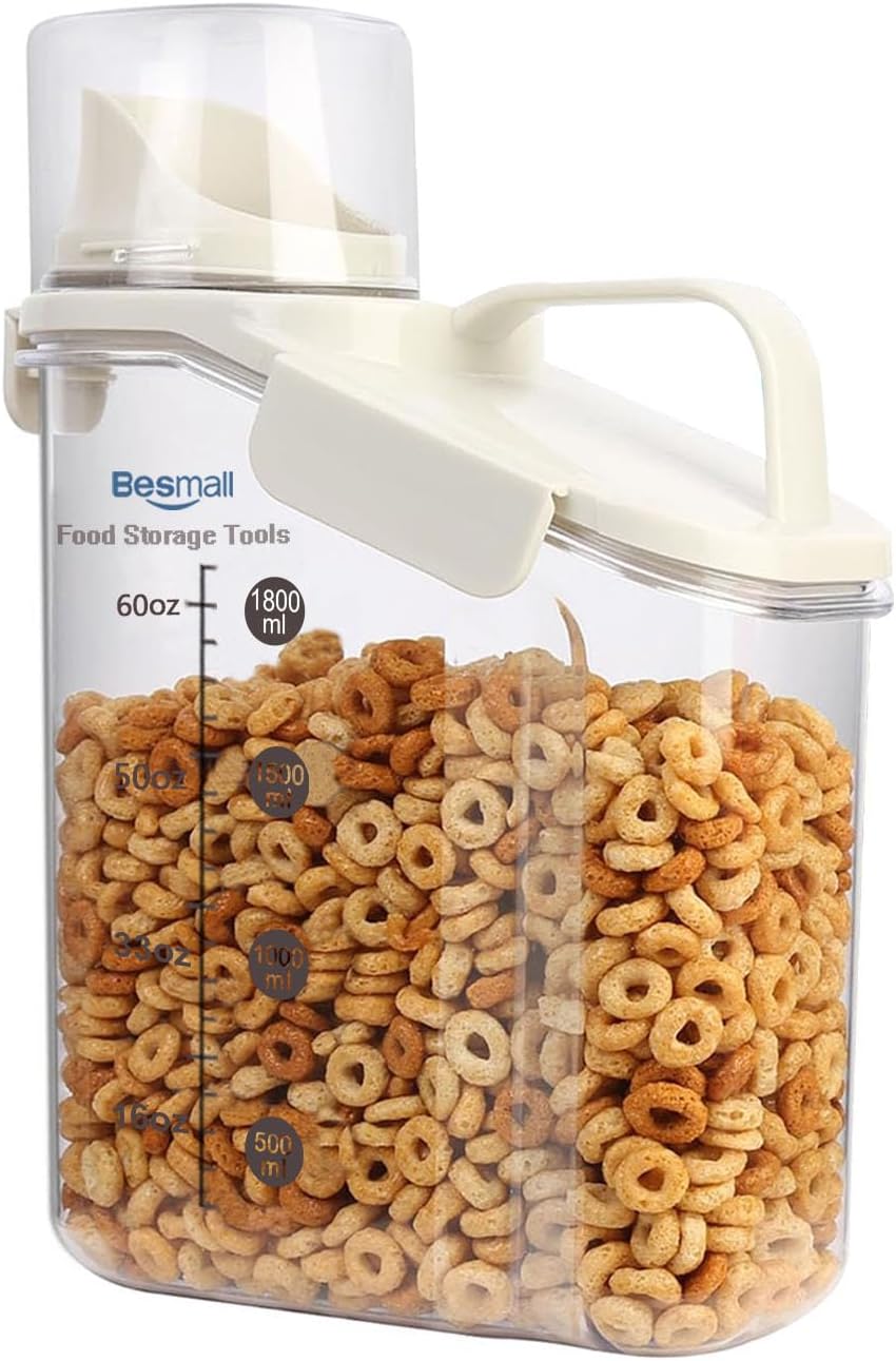 Cereal Containers Storage,2L Airtight Large Dry Food Storage Containers with Pouring Spout, Measuring Cup for Flour and Grain,BPA Free Plastic Dispenser ((1pcs) White-67oz)