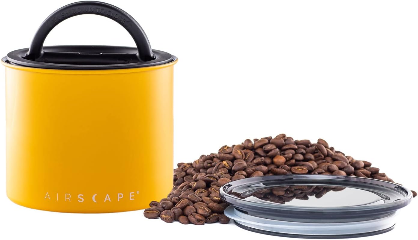 Planetary Design Airscape Stainless Steel Coffee Canister | Food Storage Container | US Patented Airtight Lid | Push Out Excess Air Preserve Food Freshness (Small, Matte Yellow)