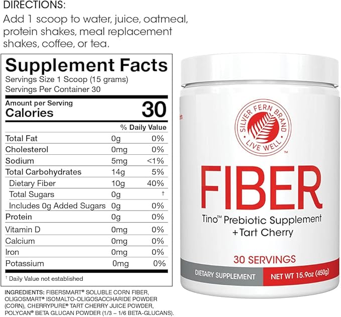Tino Natural Gluten Free Prebiotic Fiber Supplement - with Tart Cherry Extract & Polycan Black Yeast Extract - Non-GMO, Water Soluble Fiber Powder Mix (1 Canister - 15.9 Oz)
