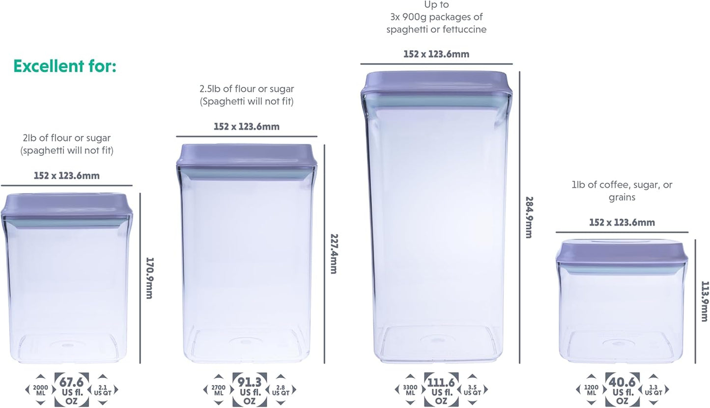 BopTop (4pc Set) Airtight Food Storage Container – Mechanical Silicone Seal Canister - BPA-Free Stackable - 1.3Qt/2.1Qt/2.8Qt/3.5Qt