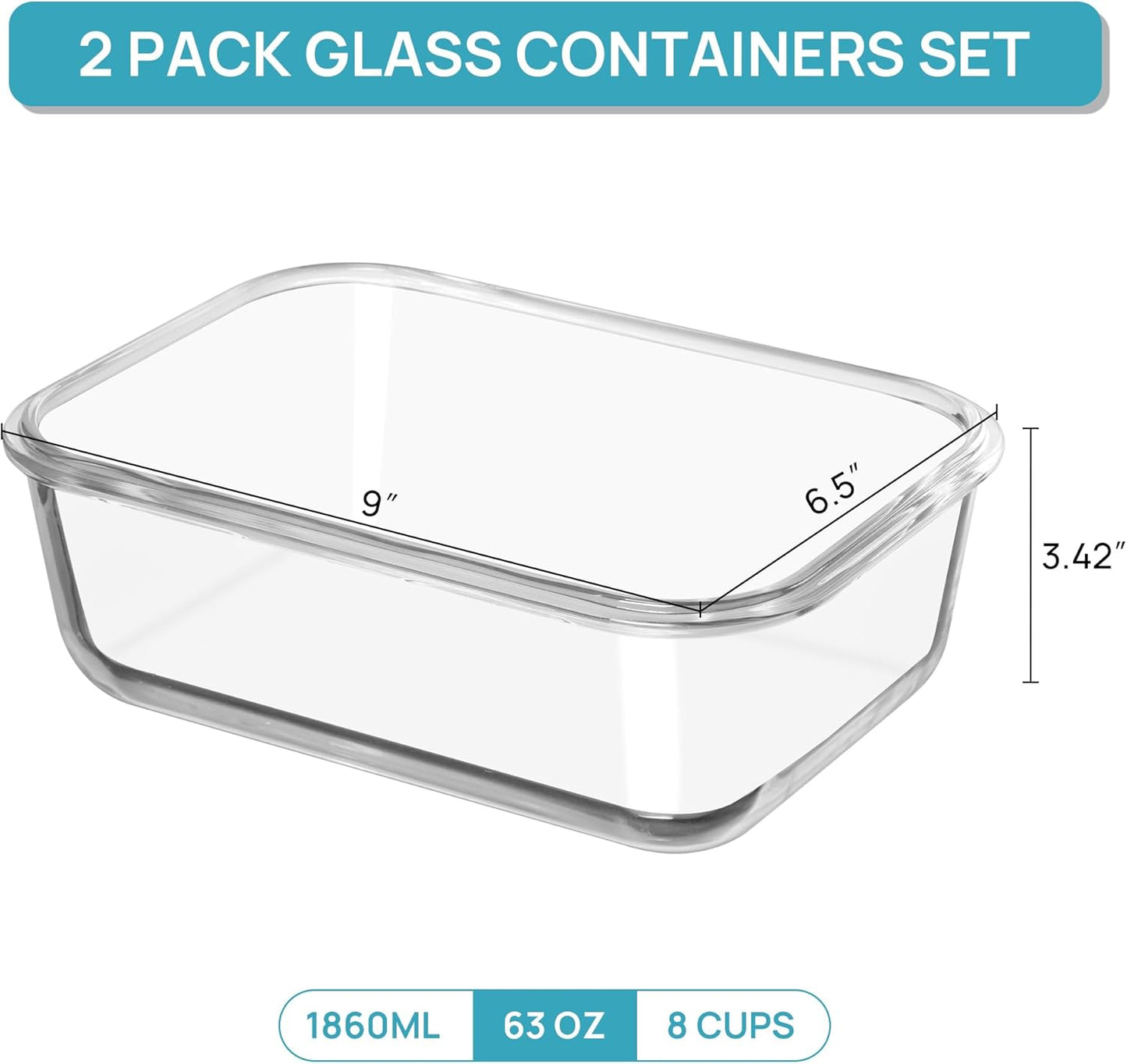 Vtopmart 2Pack 1860ml/ 63oz Large Glass Storage Containers with Lids, Meal Prep Food Container Set with Snap Airtight Lid for Baking, Microwave, Oven, Leak Proof, for Freezer, Dishwasher, Green