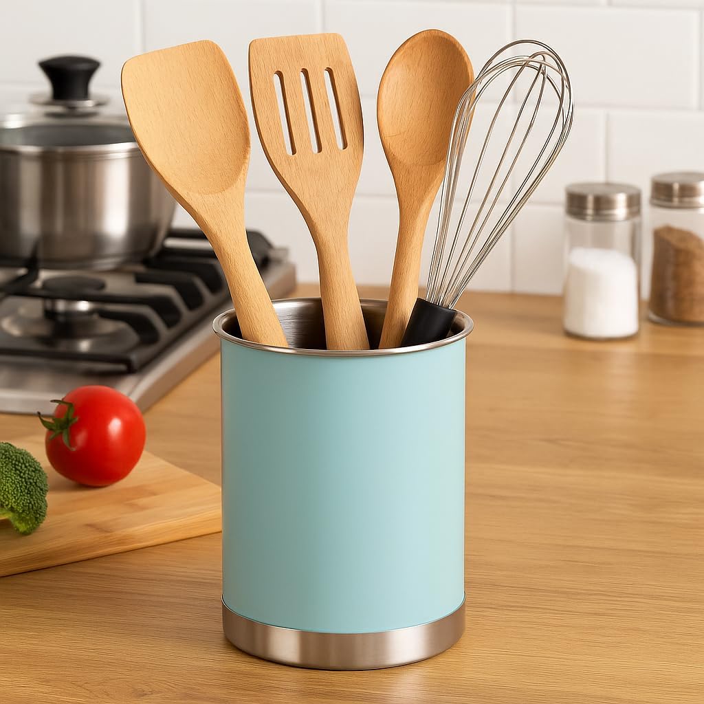 Creative Home Stainless Steel Utensil Holder– 6.3" Large Cooking Tool Organizer for Kitchen Decor and Countertop Storage, Stable Anti-Tip Design, Durable Powder-Coated Finish, Ocean Blue