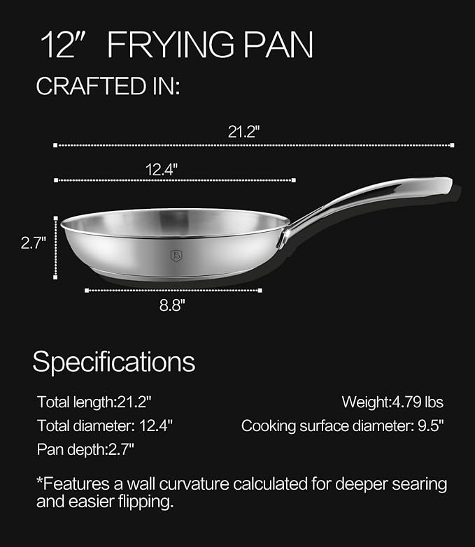 12 Inch Stainless Steel Pan, 5-Ply Clad Base 800℉ Safe Frying Pans for Even Heating, Premium Cookware for Induction, Gas,Electric&Oven